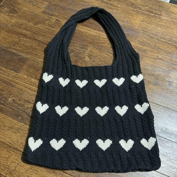 Black Cable Knit Tote Bag Purse w Cream Hearts Fall Season - Picture 2 of 8